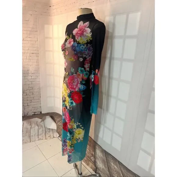 AFRM Black Aqua Rose Nude Floral Mesh Turtleneck Shailene Maxi Dress Size Small - Picture 6 of 13